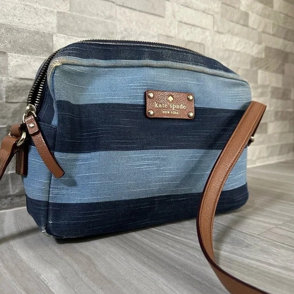 Kate Spade Denim Stripe Crossbody Camera Bag- leather Strap- Blue Brown Gold - Picture 11 of 11